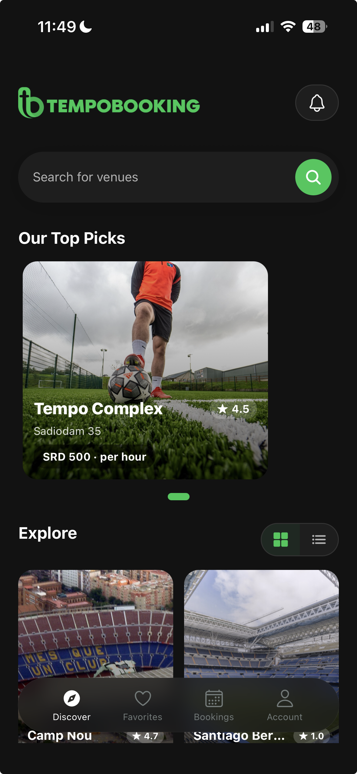 Tempobooking app — Discover screen
